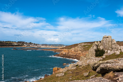 Porthcressa and Hugh Town, from Peninnis Head, St. Mary's, Isles of Scilly, UK on a bright Spring day