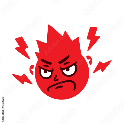 Round abstract face with angry emotion. Mad emoji avatar. Portrait of a grumpy man. Cartoon style. Flat design vector illustration.