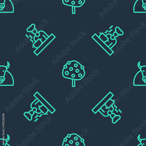 Set line Orange tree, Spanish cook and Bull on seamless pattern. Vector