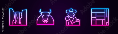 Set line Algar waterfall, Bull, Bullfight, matador and House Edificio Mirador. Glowing neon icon. Vector