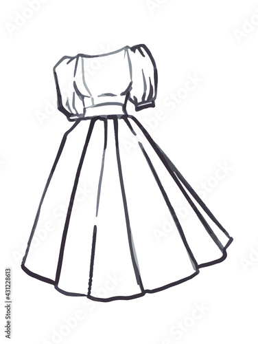 Fashion drawing of a white wedding dress with a full skirt and lantern sleeves. Fashion sketch.