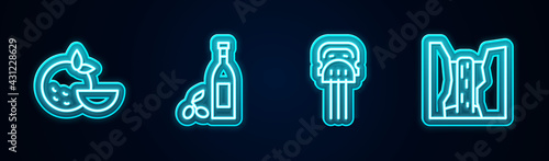 Set line Orange fruit, Bottle of olive oil, Peineta and Algar waterfall. Glowing neon icon. Vector