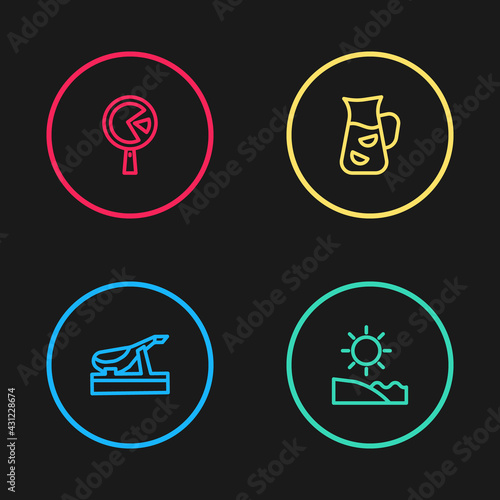 Set line Spanish jamon, Beach, Sangria and Omelette in frying icon. Vector