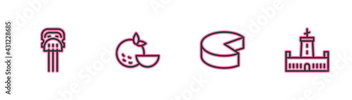 Set line Peineta, Cheese, Orange fruit and Montjuic castle icon. Vector