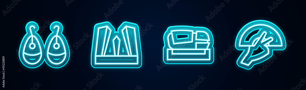 Set line Earrings, Gate of Europe, Stadium Mestalla and Fan flamenco. Glowing neon icon. Vector Set line Earrings, Gate of Europe, Stadium Mestalla and Fan flamenco. Glowing neon icon. Vector