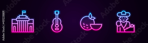 Set line Prado museum, Spanish guitar, Orange fruit and Bullfight, matador. Glowing neon icon. Vector
