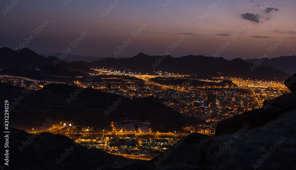 Mecca city at sunrise. View from Mount Thawr or Sawr or Thur.