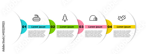 Set line Stone for curling, Christmas tree, Igloo ice house and Acorn. Business infographic template. Vector