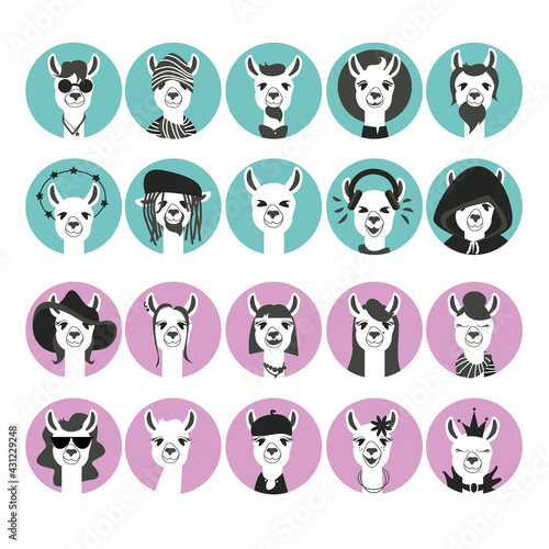 A set of 20 alpaca avatars for men and women. Use on social networks or your projects. Stylish vector set