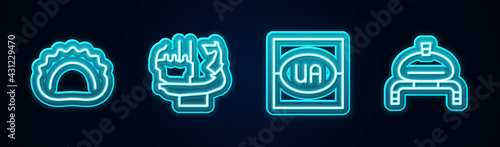 Set line Dumplings, Monument to founders of Kiev, Flag Ukraine and Bread and salt. Glowing neon icon. Vector