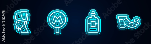 Set line Ukrainian cossack, Metro or Underground, Bottle of vodka and Glass with. Glowing neon icon. Vector