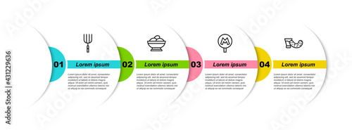 Set line Garden pitchfork, Varenyky in bowl, Metro Underground and Glass with vodka. Business infographic template. Vector