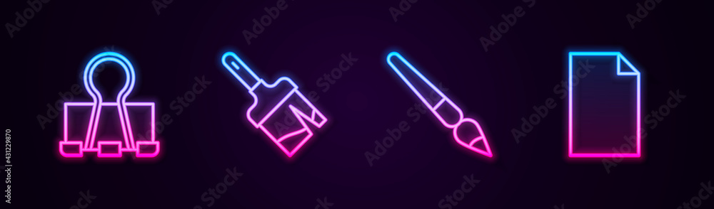 Set line Binder clip, Paint brush, and Empty document. Glowing neon icon. Vector Set line Binder clip, Paint brush, and Empty document. Glowing neon icon. Vector