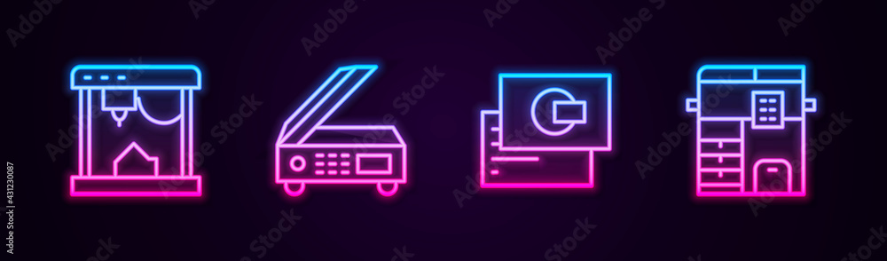 Set line 3D printer, Scanner, Business card and Copy machine. Glowing neon icon. Vector Set line 3D printer, Scanner, Business card and Copy machine. Glowing neon icon. Vector