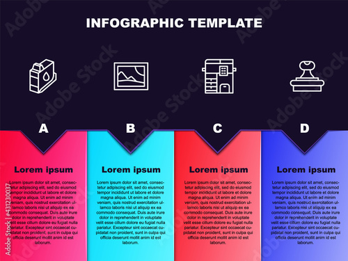 Set line Printer ink cartridge, Picture landscape, Copy machine and Stamp. Business infographic template. Vector