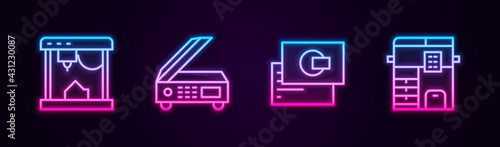 Set line 3D printer, Scanner, Business card and Copy machine. Glowing neon icon. Vector