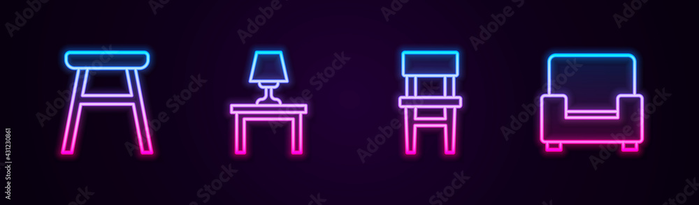 Set line Chair, Table lamp on table, and Armchair. Glowing neon icon. Vector Set line Chair, Table lamp on table, and Armchair. Glowing neon icon. Vector