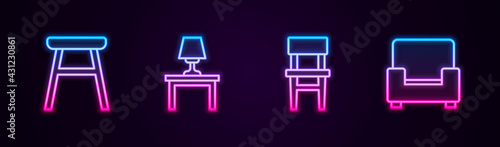Set line Chair, Table lamp on table, and Armchair. Glowing neon icon. Vector