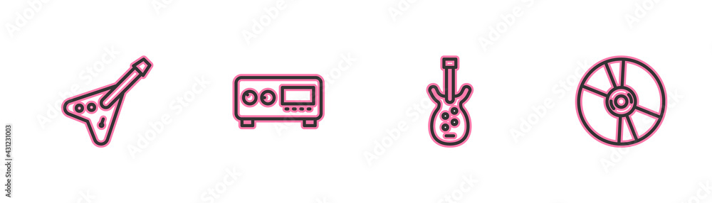 Set line Electric bass guitar, , Guitar amplifier and CD or DVD disk icon. Vector Set line Electric bass guitar, , Guitar amplifier and CD or DVD disk icon. Vector