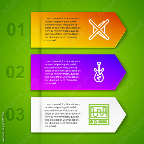 Set line Speaker mute, Electric bass guitar and Oscilloscope. Business infographic template. Vector