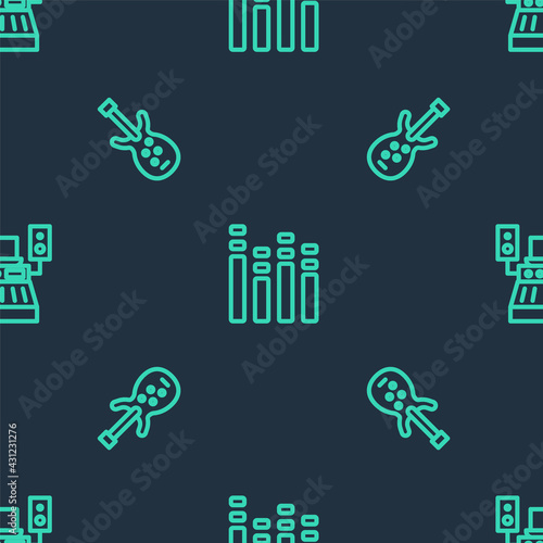 Set line Music equalizer, Electric bass guitar and recording studio on seamless pattern. Vector