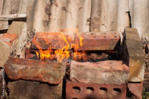 brazier made of bricks, fire for meat