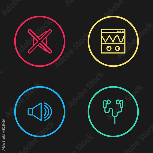 Set line Speaker volume, Air headphones, Oscilloscope and mute icon. Vector