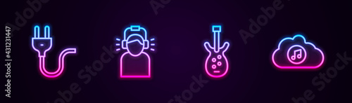 Set line Electric plug, Man in headphones, bass guitar and Music streaming service. Glowing neon icon. Vector