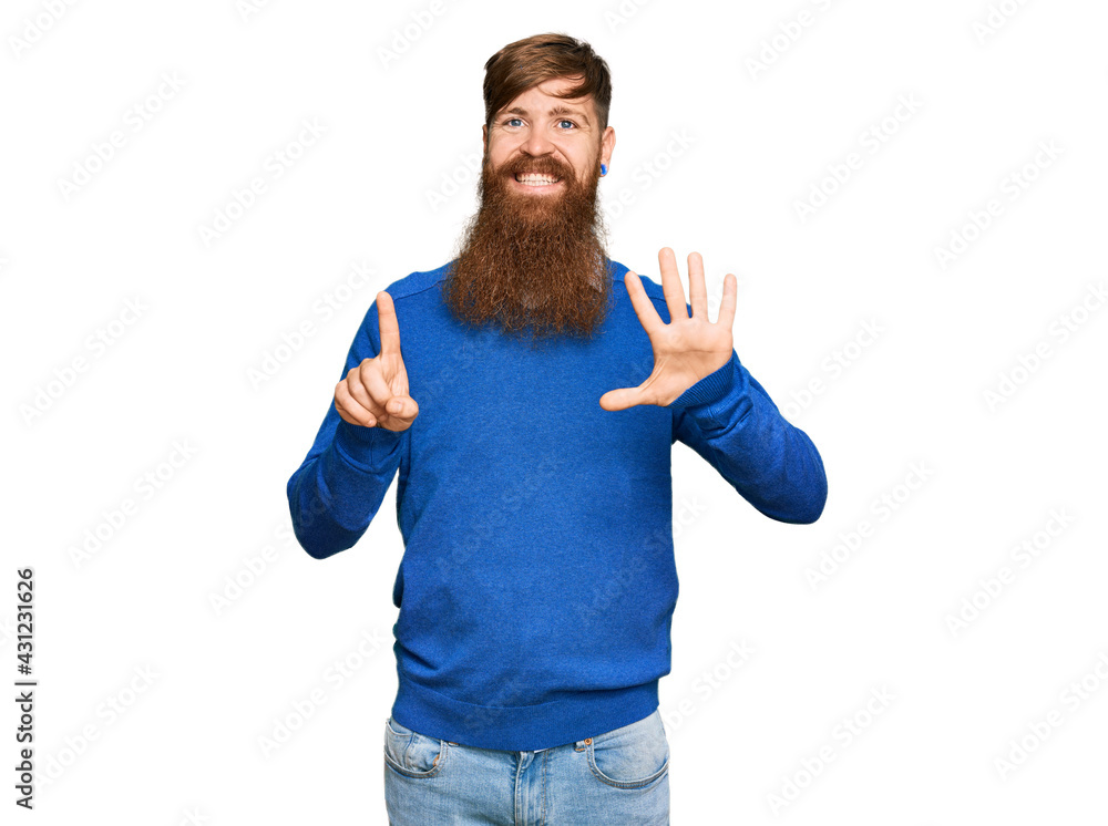 Young irish redhead man wearing casual clothes showing and pointing up with fingers number six while smiling confident and happy. Young irish redhead man wearing casual clothes showing and pointing up with fingers number six while smiling confident and happy.