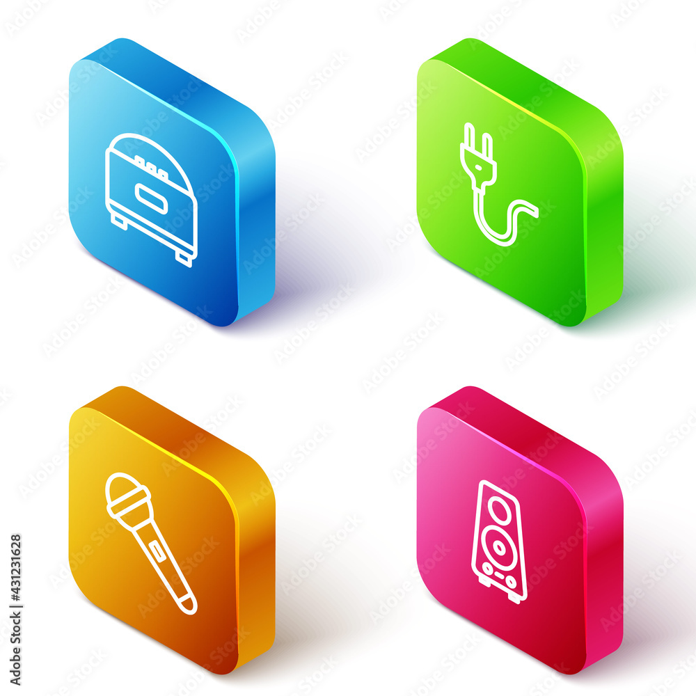 Set Isometric line Stereo speaker, Electric plug, Microphone and icon. Vector Set Isometric line Stereo speaker, Electric plug, Microphone and icon. Vector