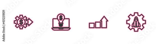 Set line Gear with dollar, Financial growth, Light bulb on laptop and Startup project concept icon. Vector
