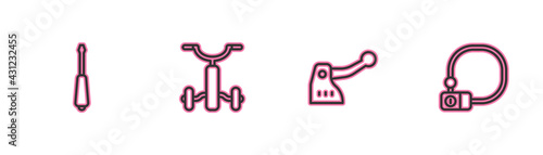 Set line Screwdriver, Bicycle brake, for kids and lock icon. Vector