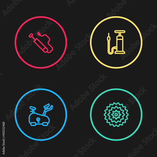 Set line Stationary bicycle, Bicycle cassette, air pump and icon. Vector