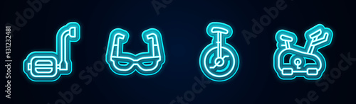 Set line Bicycle pedal, Sport cycling sunglasses, Unicycle one wheel bicycle and Stationary. Glowing neon icon. Vector