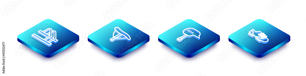 Set Isometric line Bicycle parking, seat, helmet and shoes icon. Vector Set Isometric line Bicycle parking, seat, helmet and shoes icon. Vector