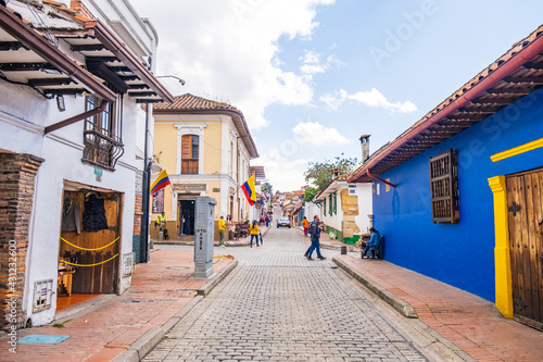 Colourful buildings in the streets of La Candelaria neighborhood in Bogota, Colombia