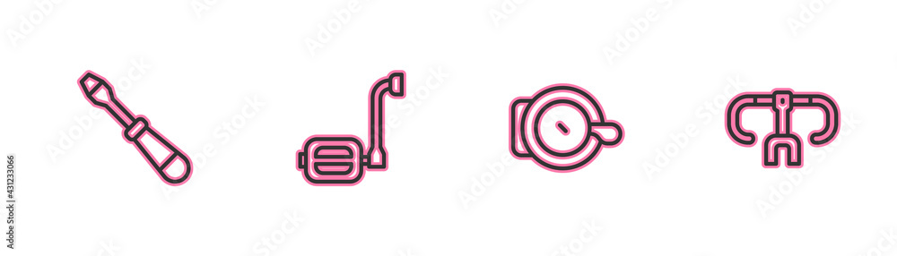 Set line Screwdriver, Bicycle bell, pedal and handlebar icon. Vector Set line Screwdriver, Bicycle bell, pedal and handlebar icon. Vector