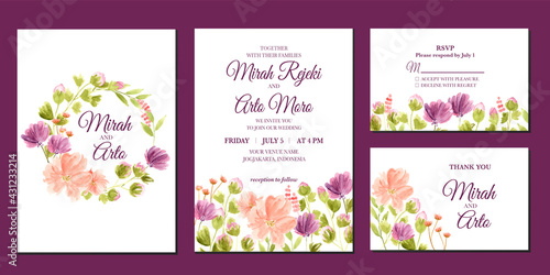 Hand painted of purple and peach floral watercolor wedding invitation 