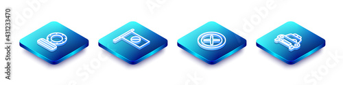 Set Isometric line Lying burning tires, Protest, X Mark, Cross circle and Police car and flasher icon. Vector