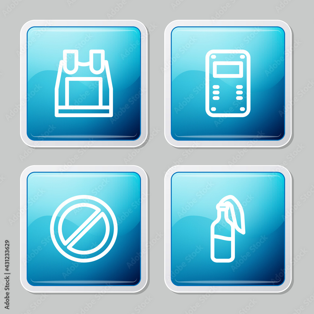 Set line Bulletproof vest, Police assault shield, Ban and Cocktail molotov icon. Vector Set line Bulletproof vest, Police assault shield, Ban and Cocktail molotov icon. Vector