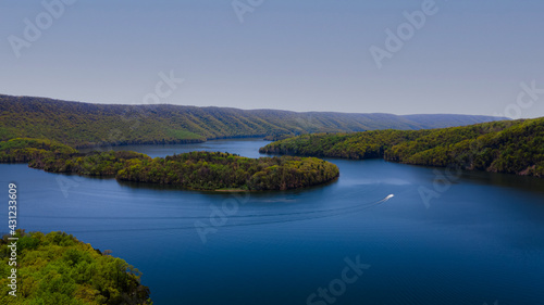 Scenic Raystown Lake in Huntingdon County Pennsylvania At Hawn's Overlook, from the mountain aerial blue sky & blue water © Infinitum Imagery