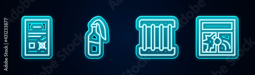 Set line Poll document, Cocktail molotov, Prison window and Broken. Glowing neon icon. Vector
