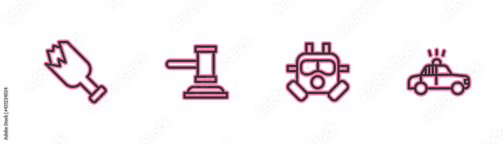 Set line Broken bottle as weapon, Gas mask, Judge gavel and Police car and flasher icon. Vector Set line Broken bottle as weapon, Gas mask, Judge gavel and Police car and flasher icon. Vector