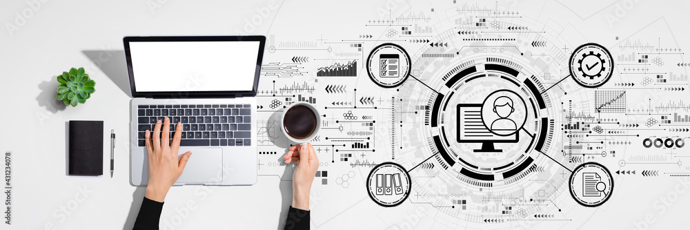 Document management system concept with person using laptop computer Document management system concept with person using laptop computer