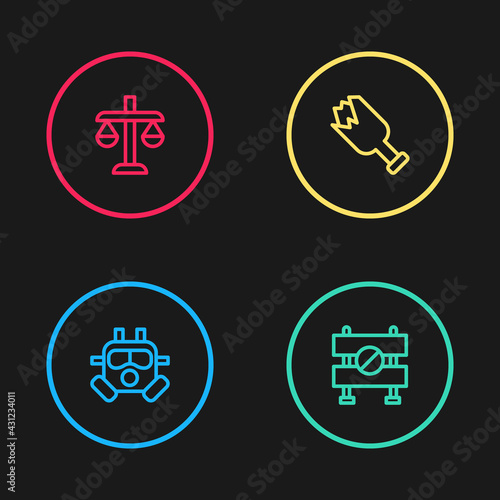 Set line Gas mask, Road barrier, Broken bottle weapon and Scales of justice icon. Vector