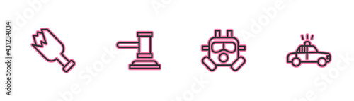 Set line Broken bottle as weapon, Gas mask, Judge gavel and Police car and flasher icon. Vector
