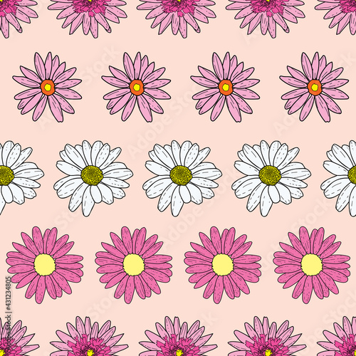 Vector pastel pink beige background pink daisy flowers and wild flowers. Seamless pattern background