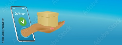 Delivery after ordering online at mobile phone. E-commerce concept. Hand with packaging box infographic. Webpage, app design. Vector illustration. EPS10.