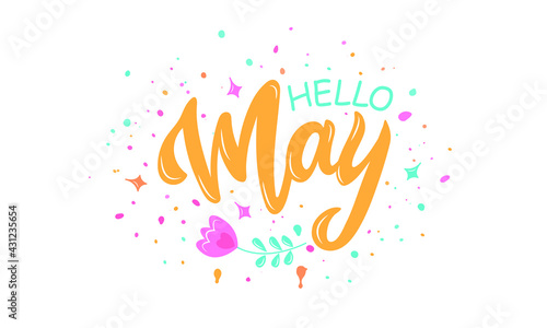 Hello May handwritten text isolated on white background with colorful splashes as logo, icon, card. Spring postcard, invitation, flyer. Vector illustration. Hand lettering, modern brush calligraphy