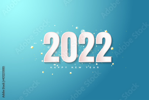 Happy new year 2022 with white numbers on a bright blue background.